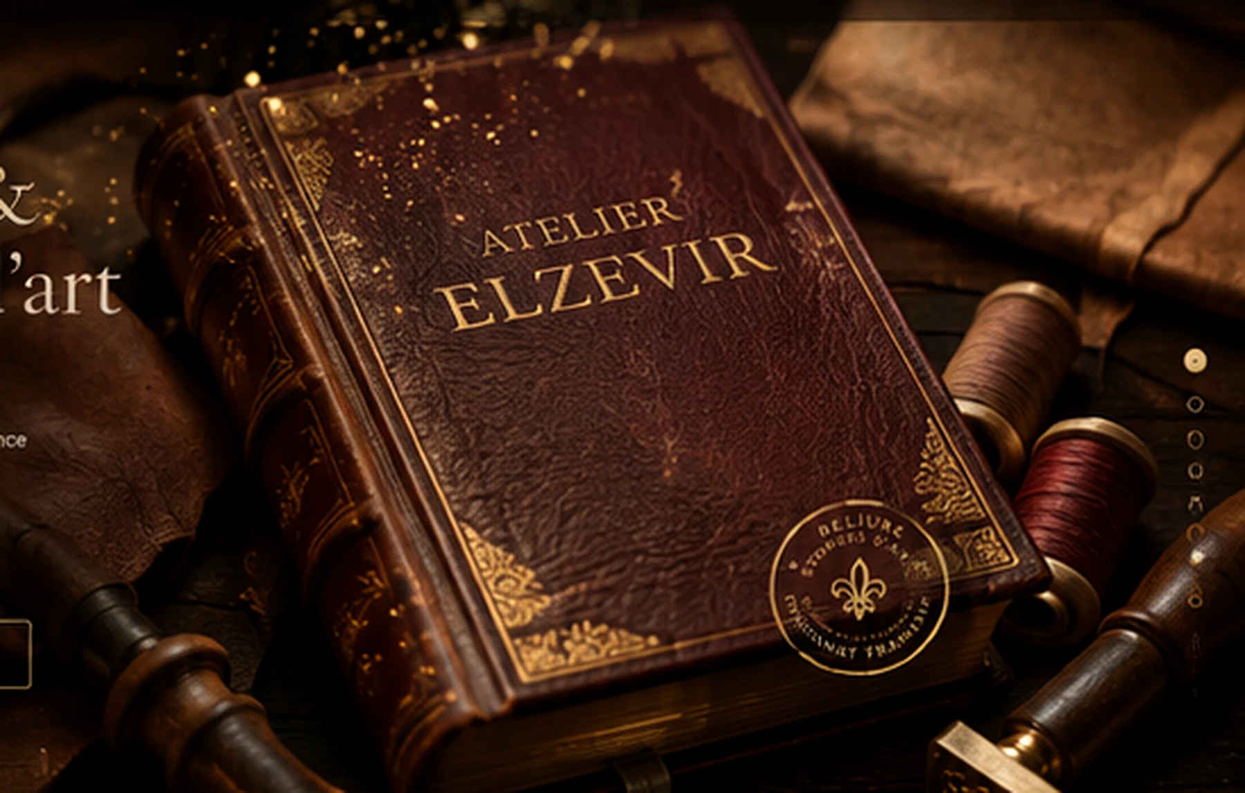 Livre relié en cuir avec titre doré, entouré d’outils de reliure